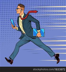 The businessman hurries and runs. Timeline working hours meeting schedule. Pop art retro vector illustration 50s 60s style. The businessman hurries and runs. Timeline working hours meeting schedule