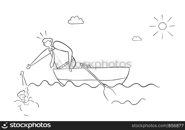 The businessman in the boat saves his friend who drowned in the sea. Black outlines and white.