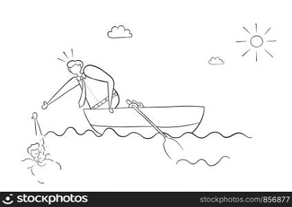 The businessman in the boat saves his friend who drowned in the sea. Black outlines and white.