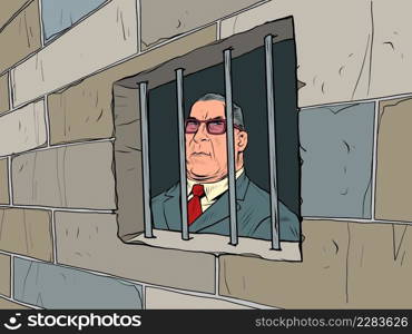 The businessman is a criminal. A man is in prison behind bars. Corrupt politician. pop art Retro vector Illustration 50s 60s kitsch Vintage style. The businessman is a criminal. A man is in prison behind bars. Corrupt politician