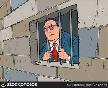 The businessman is a criminal. A man is in prison behind bars. Corrupt politician. pop art Retro vector Illustration 50s 60s kitsch Vintage style. The businessman is a criminal. A man is in prison behind bars. Corrupt politician