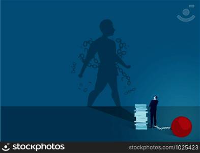 The businessman looks at his shadow. Shadow breaks the chain and free himself.. Business concept. Vector illustration