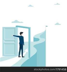 The businessman opens the door towards the target on the mountain. concept business success. leadership, ambition. Eps-10 vector illustration flat