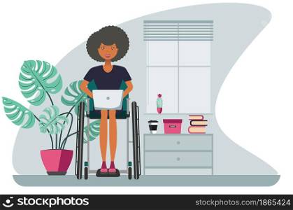 The businesswoman is sitting in the wheelchair work on laptop in the room illustration.