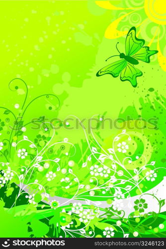 The butterfly flying against an abstract silhouette of the sun over green vegetation below