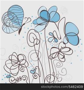 The butterfly sits down on a dark blue flower. A vector illustration