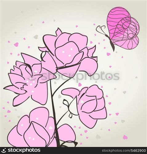 The butterfly sits down on a pink flower. A vector illustration