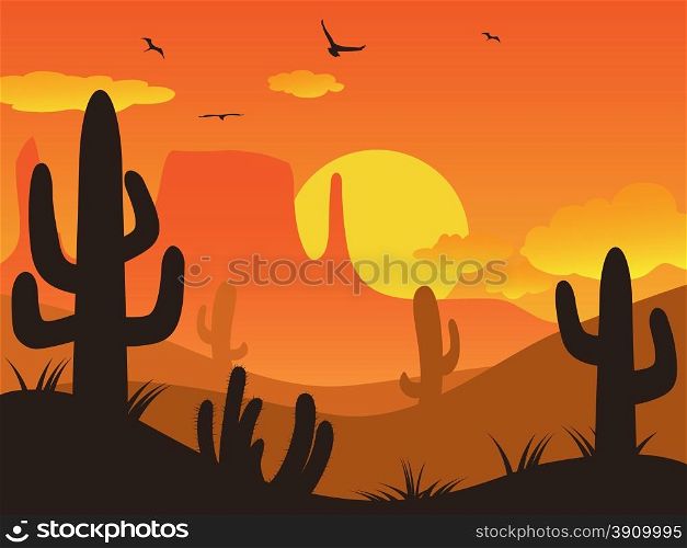 the cactus desert on sunset background