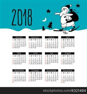 The calendar for the new 2018. Merry Santa Claus with sack of gifts on skis.