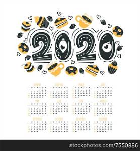 The calendar year 2020. Vector illustration. Holiday card. Hand drawn lettering. Set of cute sweets. Cakes, doughnuts, mugs of hot drink. Cakes, muffins, cakes, tea, coffee.. Calendar 2020 with cute sweets and beautiful hand drawn figure 2020.