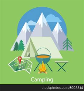 The Camping tent near the fire and mountains in the background with trees. Can be used for web banners, marketing and promotional materials, presentation templates