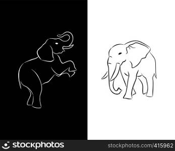 The canvas is divided into black and white sides. On the white side is the silhouette of a black elephant and on the black side is the silhouette of a white elephant.
