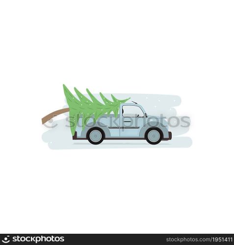 The car carries a Christmas tree for a New Year&rsquo;s or Christmas holiday. Delivery of a Christmas tree to the house.