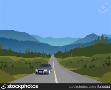 The car was driving on a highway through a forest with mountains and sky in the background.