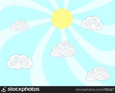 the cartoon style of clouds and sun on blue background