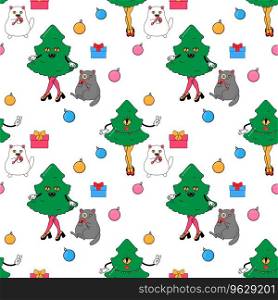 The cat and the Christmas tree, the cactus eco tree. In psychedelic groovy style. Seamless pattern on fabric, wrapping paper, bedding, clothing. . Cat and Christmas tree, eco cactus new year. 