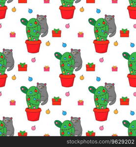 The cat and the Christmas tree, the cactus eco tree. In psychedelic groovy style. Seamless pattern on fabric, wrapping paper, bedding, clothing. . Cat and Christmas tree, eco cactus new year. 