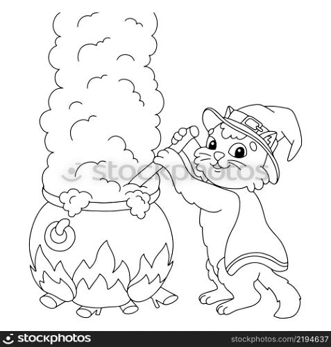 The cat is brewing a potion in a large cauldron. Coloring book page for kids. Cartoon style character. Vector illustration isolated on white background.
