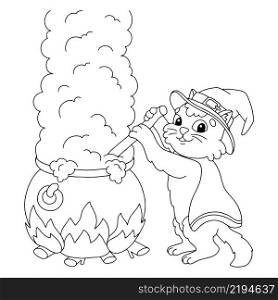 The cat is brewing a potion in a large cauldron. Coloring book page for kids. Cartoon style character. Vector illustration isolated on white background.