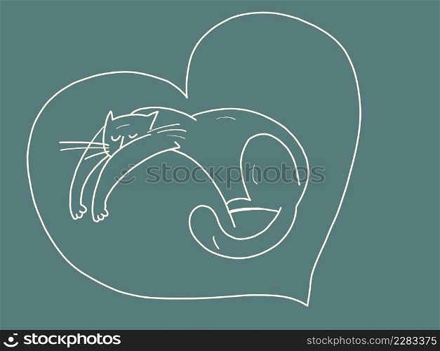 The cat is sleeping. The pet is resting. Cute animals. Comic cartoon hand drawing vintage illustration. The cat is sleeping. The pet is resting. Cute animals