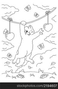 The cat is trying to reach the heart. Coloring book page for kids. Valentine&rsquo;s Day. Cartoon style character. Vector illustration isolated on white background.