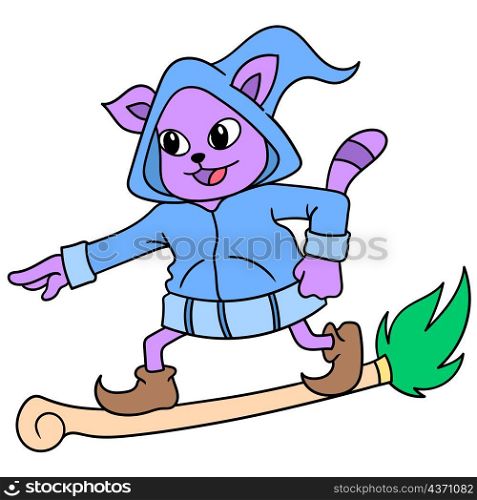 the cat wearing a flying hoodie rides a magic broom