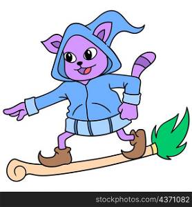 the cat wearing a flying hoodie rides a magic broom