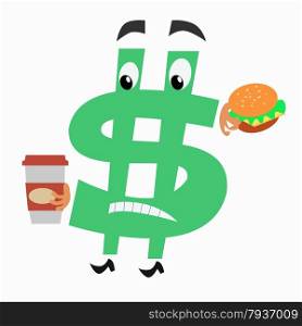 The character is a dollar sign with a hamburger and a Cup of coffee. Business and Finance. National currency. character dollar sign with hamburger and Cup of coffee