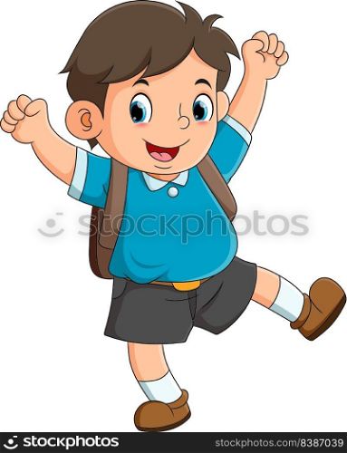 the cheerful boy is so excited to go to school in the morning