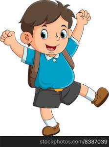 the cheerful boy is so excited to go to school in the morning