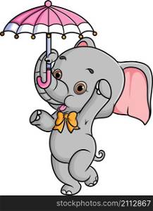The cheerful elephant is holding an umbrella with trunk