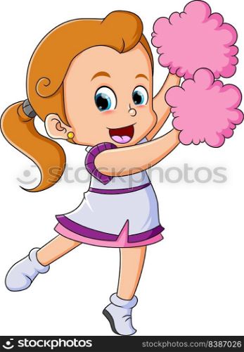 The cheerleader girl is dancing with the pompom in the hand