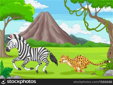 The cheetah is chasing a zebra in an African savanna