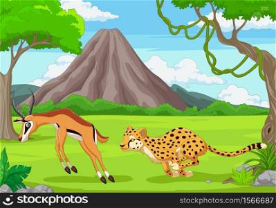 The cheetah is chasing an impala in an African savanna