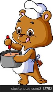 The chef bear is cooking and mixing the porridge