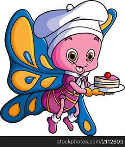 The chef butterfly is serving a sweet cake dessert
