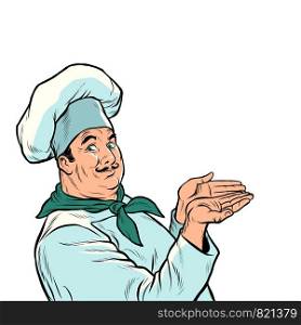 the chef cook presents. food advertising. Pop art retro vector illustration drawing. the chef cook presents. food advertising