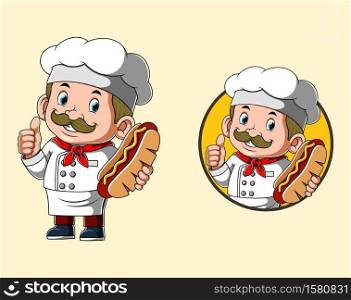 The chef is holding the big hot dog for the logo restaurant