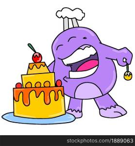 the chef is making a delicious birthday cake. cartoon illustration sticker mascot emoticon