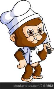 The chef monkey with the meat knife is standing in the kitchen