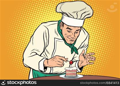 The chef prepares a sweet dessert. Cherry berry on the cake. Pop art retro vector illustration drawing. The chef prepares a sweet dessert