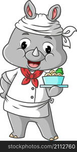 The chef rhino is serving the bowl of soup