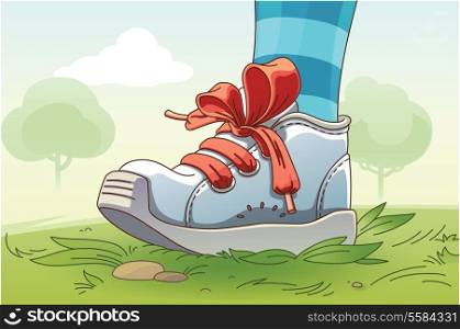 The child&rsquo;s leg wearing the small sneaker with a red lacing is standing on the grass.