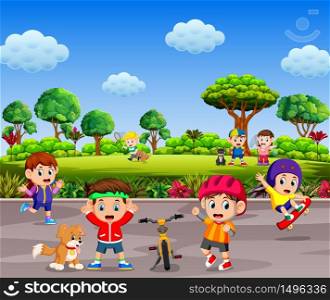 the children are playing and doing sport together in the road