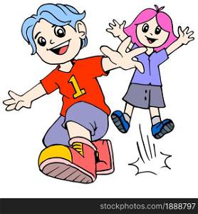 the children cheerfully welcome school holidays. cartoon illustration sticker mascot emoticon