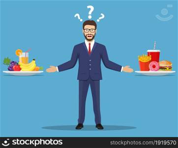 The choice of the Businessman junk food or healthy food. Vector illustration in flat style. The choice of the Businessman