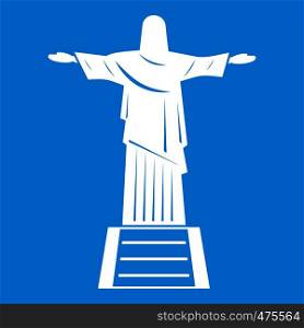 The Christ the Redeemer statue icon white isolated on blue background vector illustration. The Christ the Redeemer statue icon white