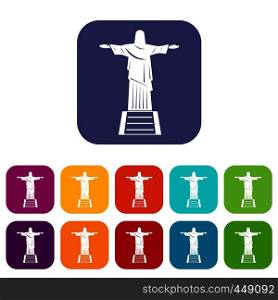 The Christ the Redeemer statue icons set vector illustration in flat style In colors red, blue, green and other. The Christ the Redeemer statue icons set flat