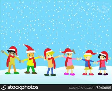 the Christmas background of Christmas kids with Christmas hats on snowing day
