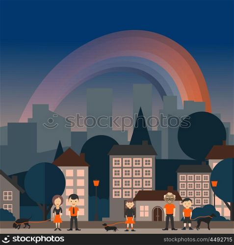 The city and rainbow. Vector illustration